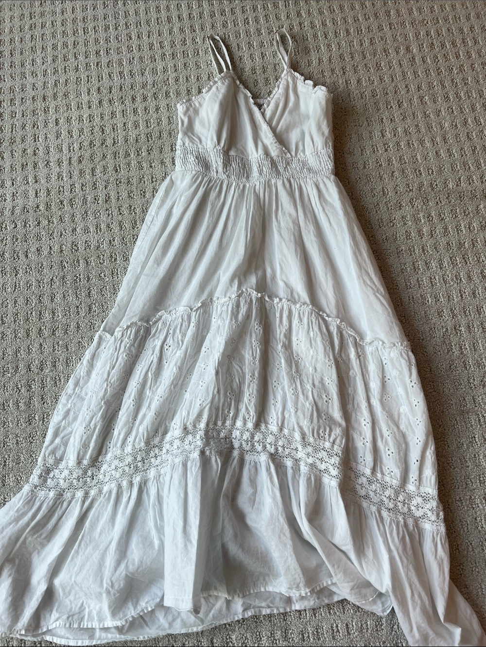 Girls' White Eyelet Maxi Sundress with Smocked Waist
